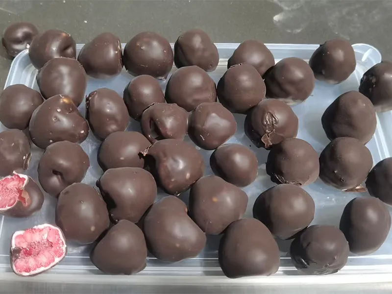 Línea personalizada de doble bañado de chocolate para un fabricante australiano de snacks de frambuesa